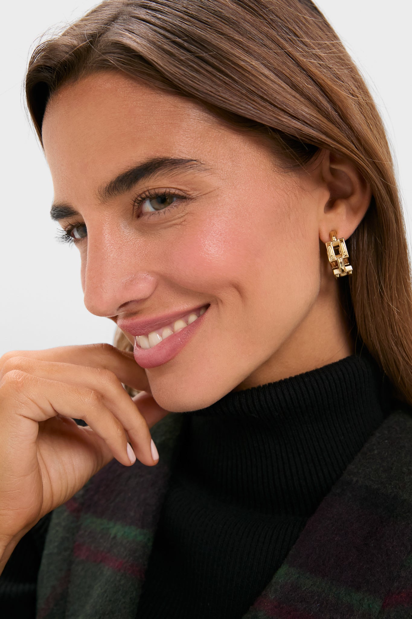 Effortlessly chic Pathway Hoop Earrings in Gold with classic rectangular links, showcased on a smiling woman, embodying Tuckernuck's fun, high-end style.