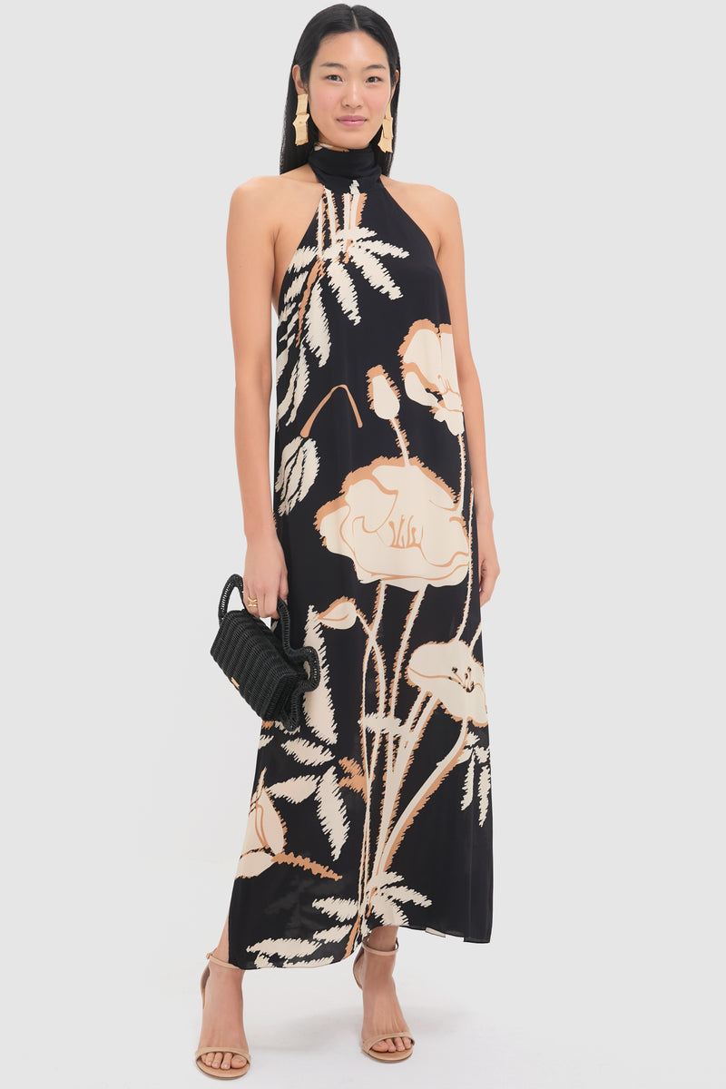 Black Gladiolos Costa Pacifica Crepe Chine Maxi Dress