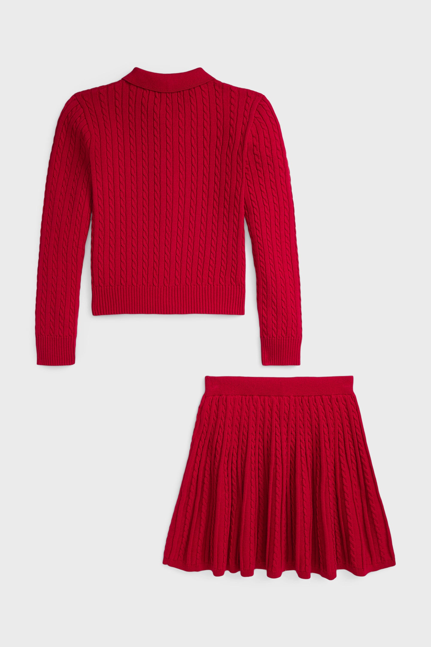 Long-Sleeve Cotton Mini Cable Knit Cardigan with Matching Skirt