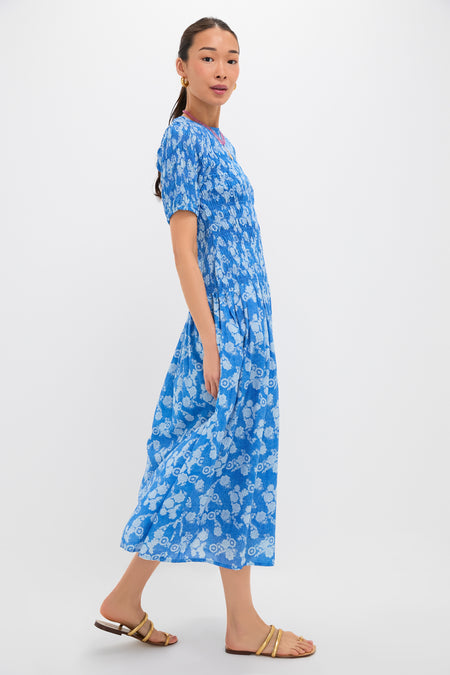 Pretoria Blue Smocked Drop Waist Maxi Dress