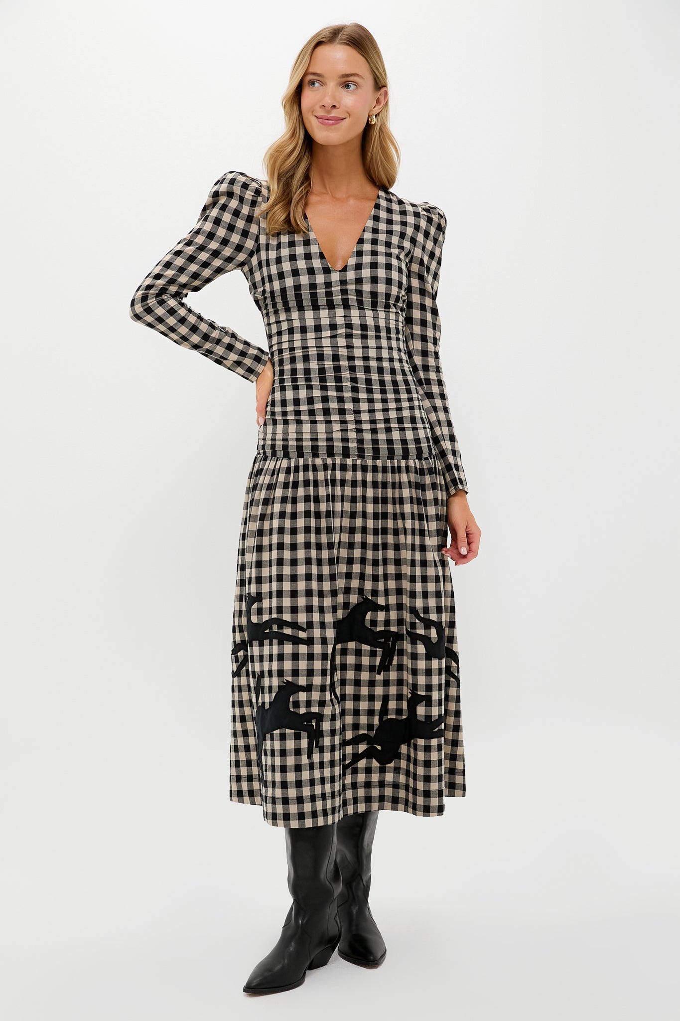 knee length dresses for ladies Black Plaid Malika Midi Dress