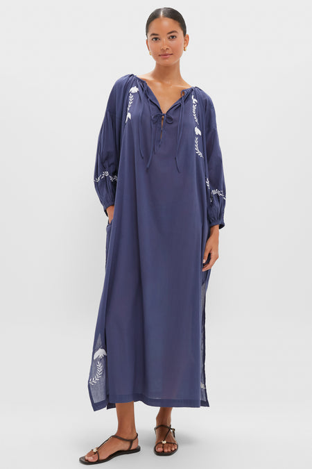 White Dove Embroidery Blue Indigo Organic Folk Maxi Dress | Love Tomas by Emerson Fry White Dove Embroidery Blue Indigo Organic Folk Maxi Dress | Love Tomas by Emerson Fry