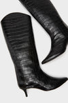 Black Maryana Up Mid Boots, classic and effortless with croc-embossed leather, pointed toe, and kitten heel, offering a fun, high-end style for versatile wear.