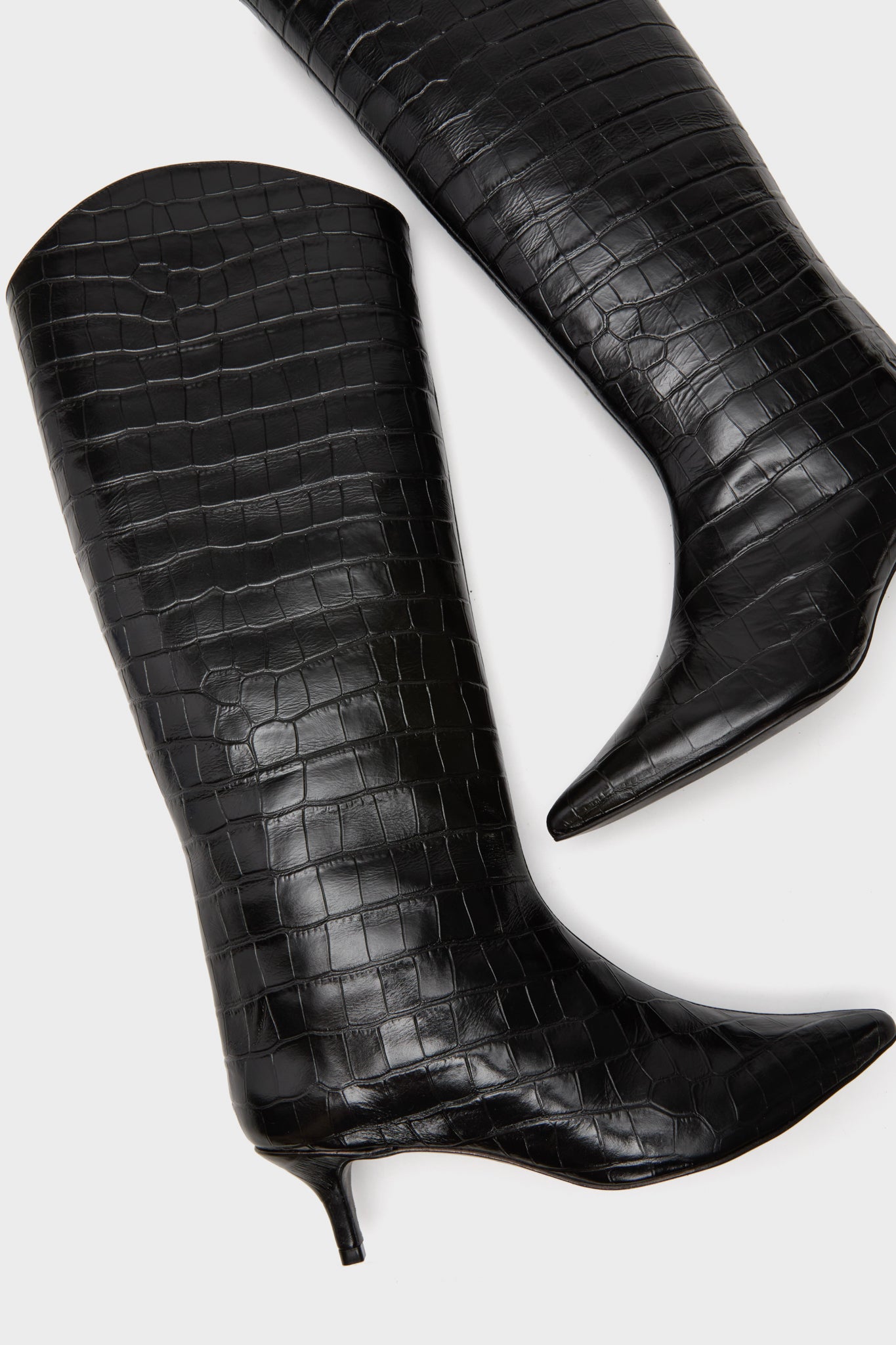 Black Maryana Up Mid Boots, classic and effortless with croc-embossed leather, pointed toe, and kitten heel, offering a fun, high-end style for versatile wear.