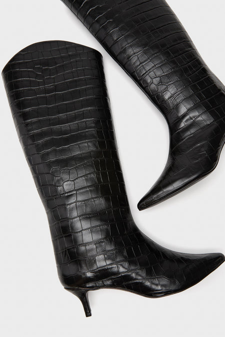 Black Maryana Up Mid Boots, classic and effortless with croc-embossed leather, pointed toe, and kitten heel, offering a fun, high-end style for versatile wear.