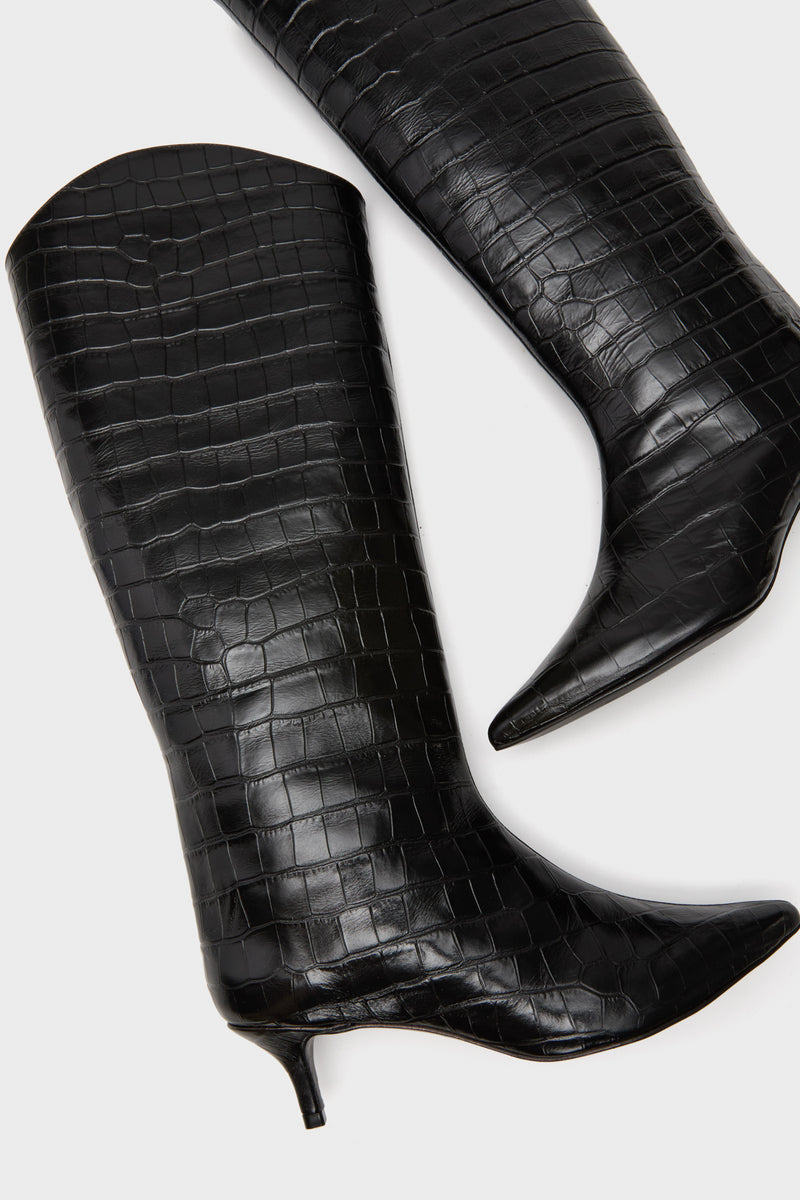 Black Maryana Up Mid Boots, classic and effortless with croc-embossed leather, pointed toe, and kitten heel, offering a fun, high-end style for versatile wear.
