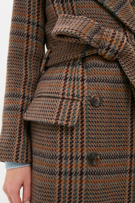 Brown Plaid Kolina Long Coat with Belt