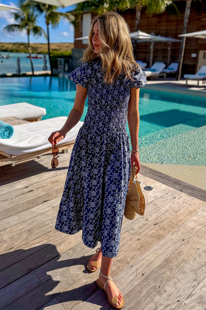 Blue Floral Smocked Rollins Midi Dress
