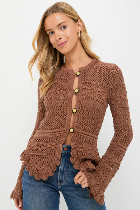Dark Cinnamon Swirl Kiva Open Stitch Ruffle Cardi