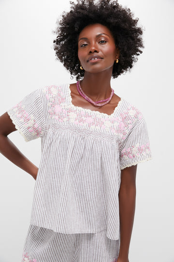 Tan Stripe Embroidered Floral Linen Kali Top