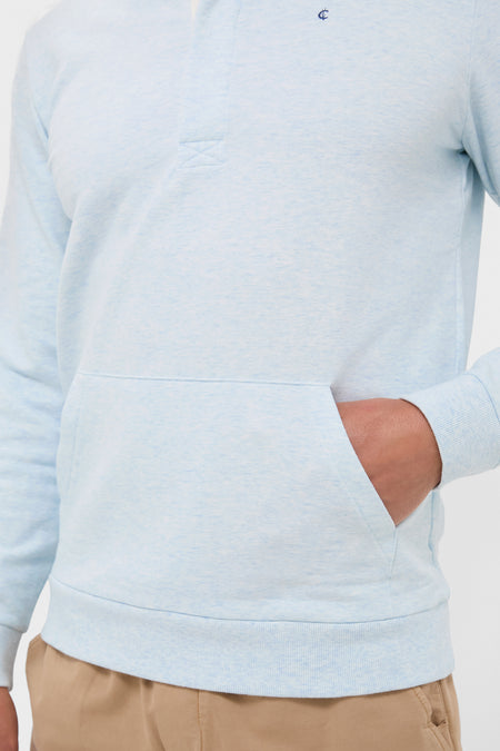 Heathered Ice Collared Sweatshirt with kangaroo pocket, ribbed cuffs, and embroidered logo, offering a classic, effortless style perfect for fun, high-end casual wear.