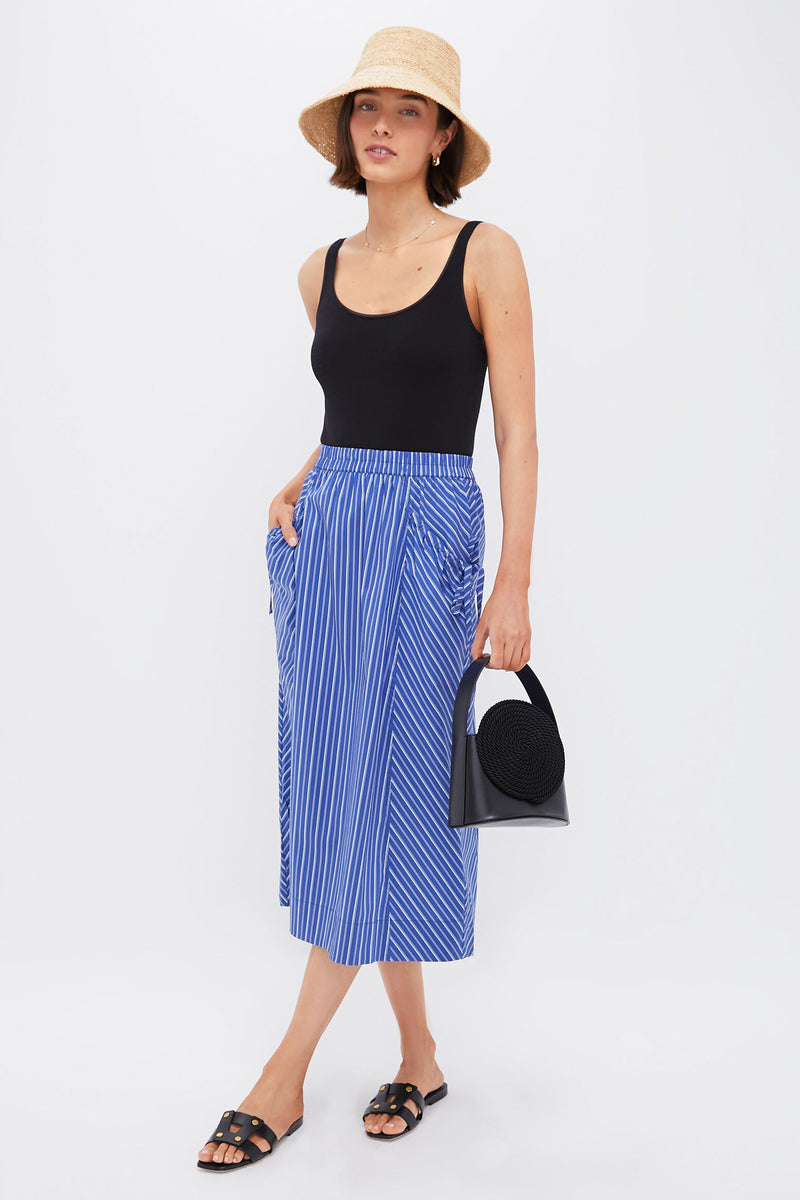 Dark Blue and White Kendall Play Stripe Midi A-Line Skirt