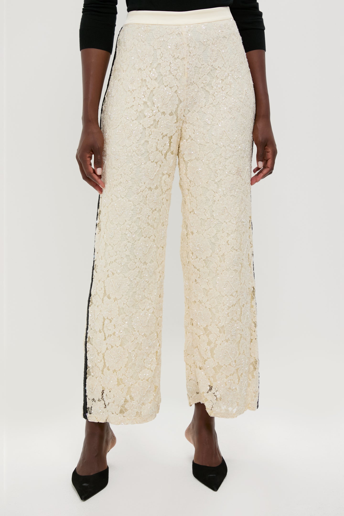 Cream Lace Sequin Straight Pants