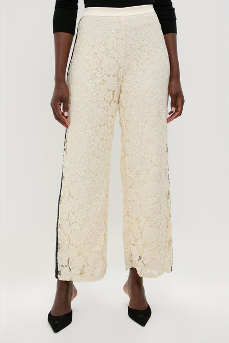 Cream Lace Sequin Straight Pants