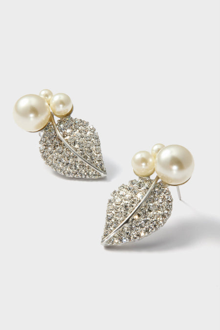 Crystal Pearl Blanca Earrings feature elegant leaf motifs with pavé rhinestones and faux pearls, combining classic charm with effortless, high-end style for a fun, refined look.