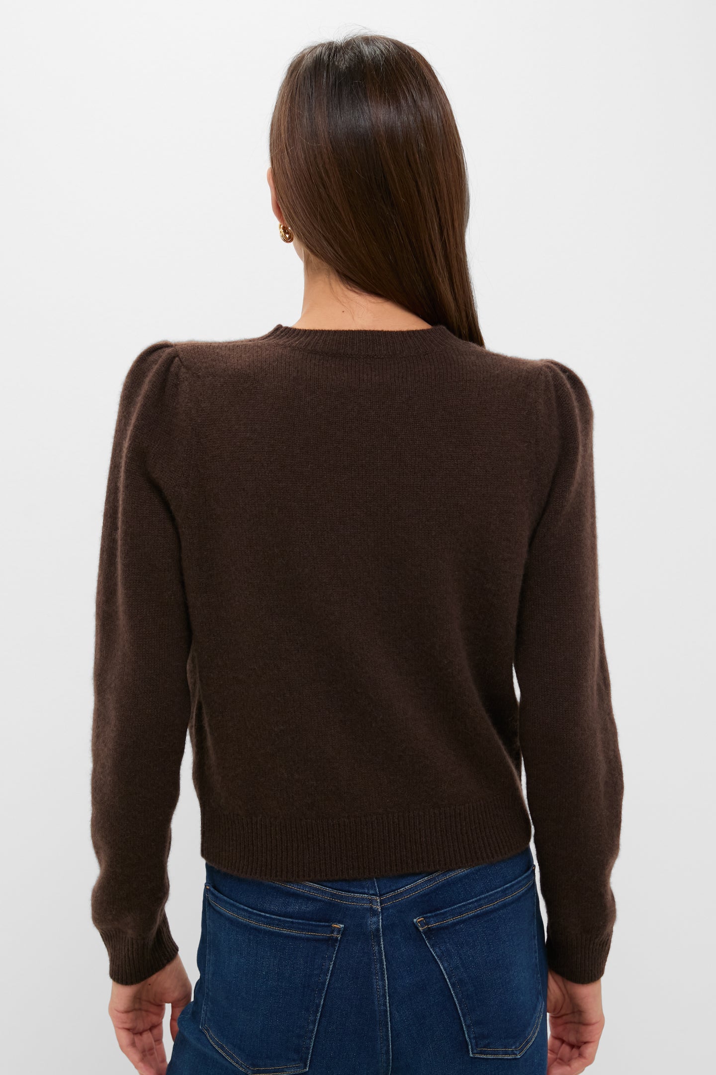 Chocolate Cashmere Puff Sleeve Macy Crewneck Sweater