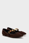 Espresso Selene Charms Flats: Classic dark brown suede Mary Jane flats with a pointed toe, embellished strap, and gold-tone hardware for an effortless, high-end look.