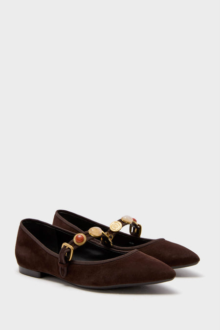 Espresso Selene Charms Flats: Classic dark brown suede Mary Jane flats with a pointed toe, embellished strap, and gold-tone hardware for an effortless, high-end look.