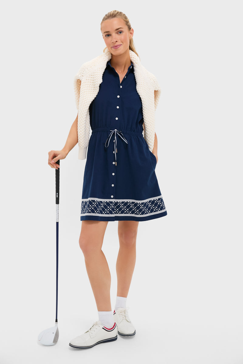 Navy and White Embroidered Sleeveless Performance Seersucker Alcott Golf Dress