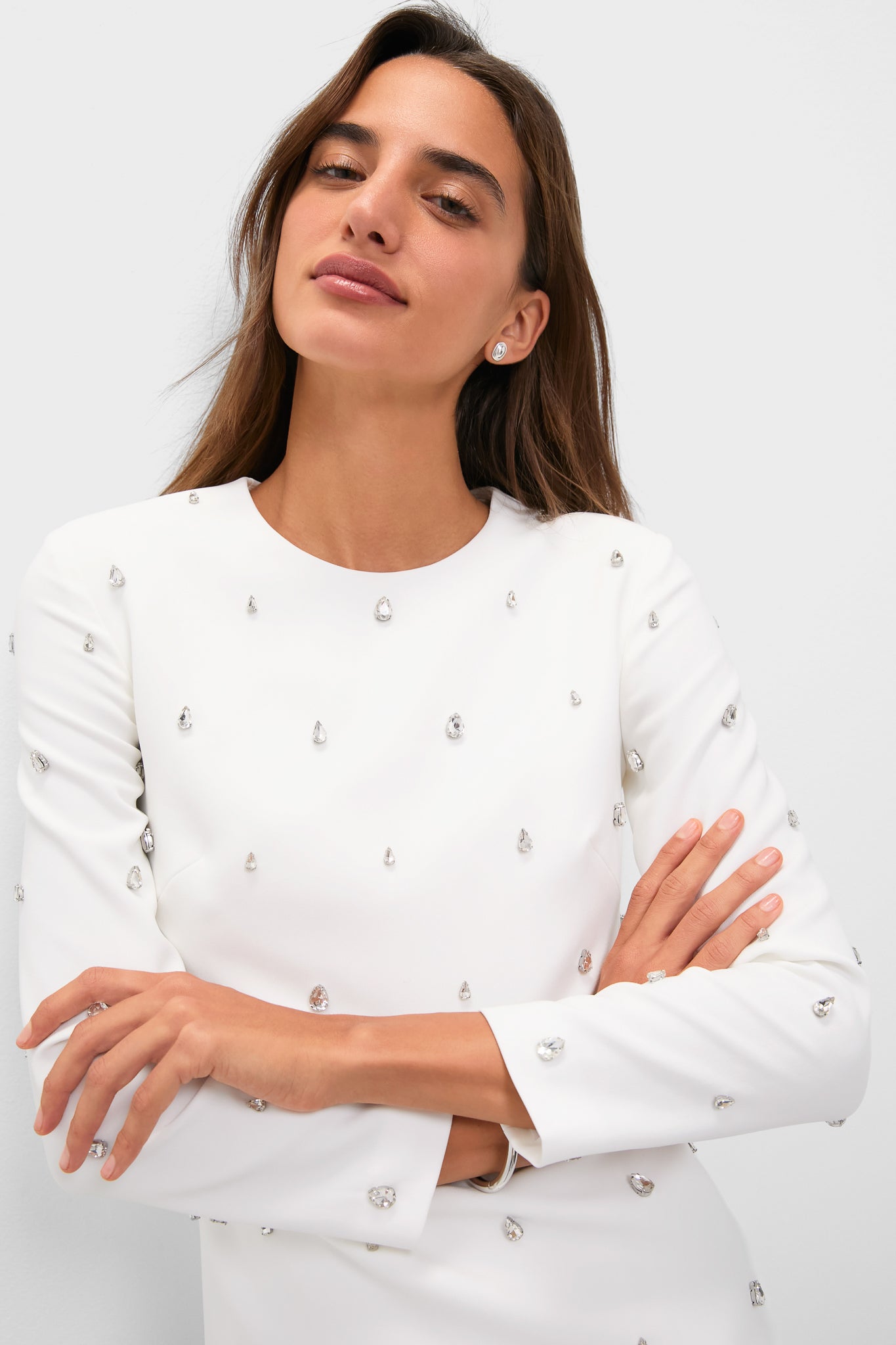 White with Crystal Kenna Long Sleeve Mini Dress