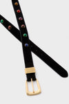 Black Stone Embellished Harness Belt with a classic gold buckle and colorful cabochon studs, offering an effortless, high-end touch to any outfit.