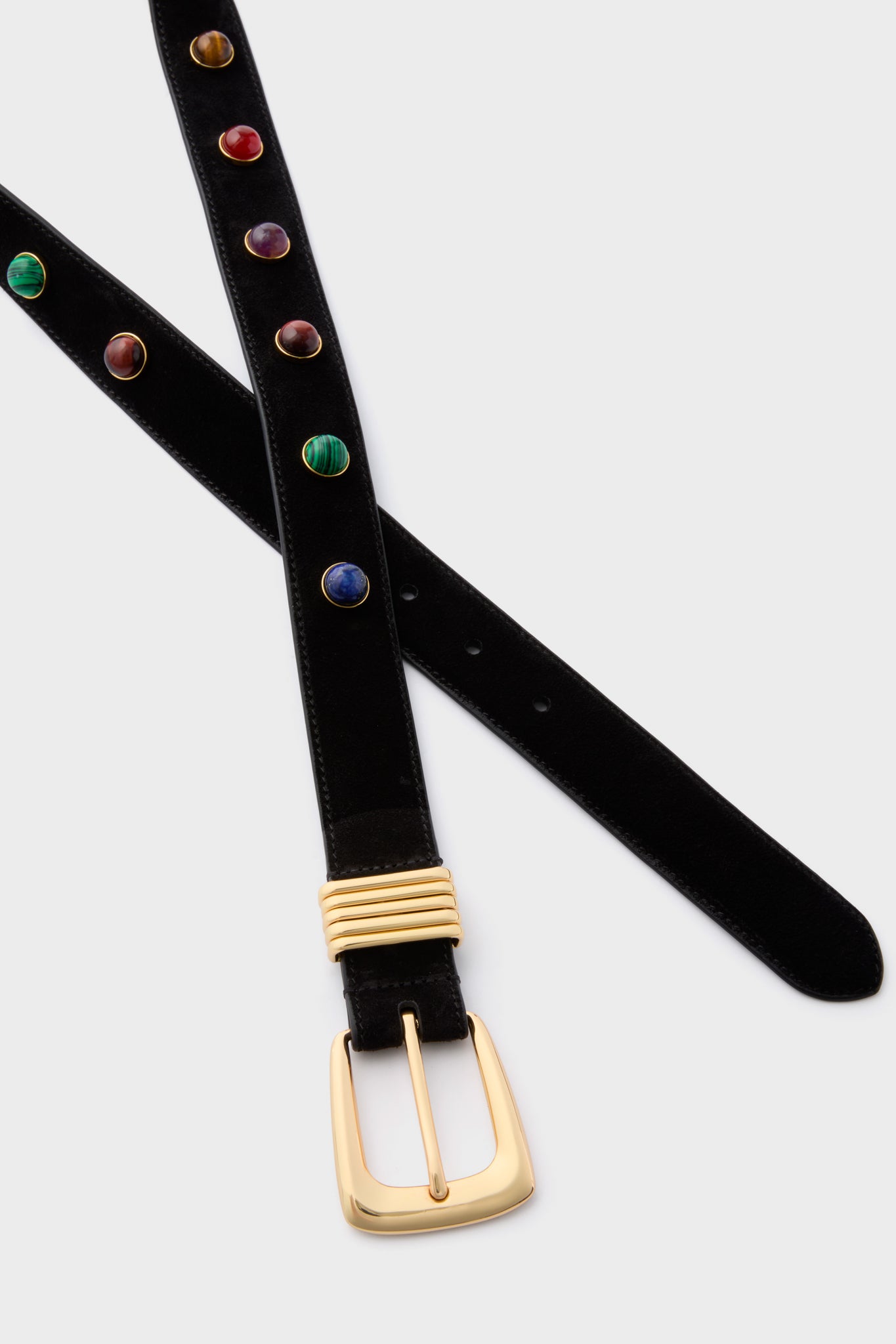 Black Stone Embellished Harness Belt with a classic gold buckle and colorful cabochon studs, offering an effortless, high-end touch to any outfit.
