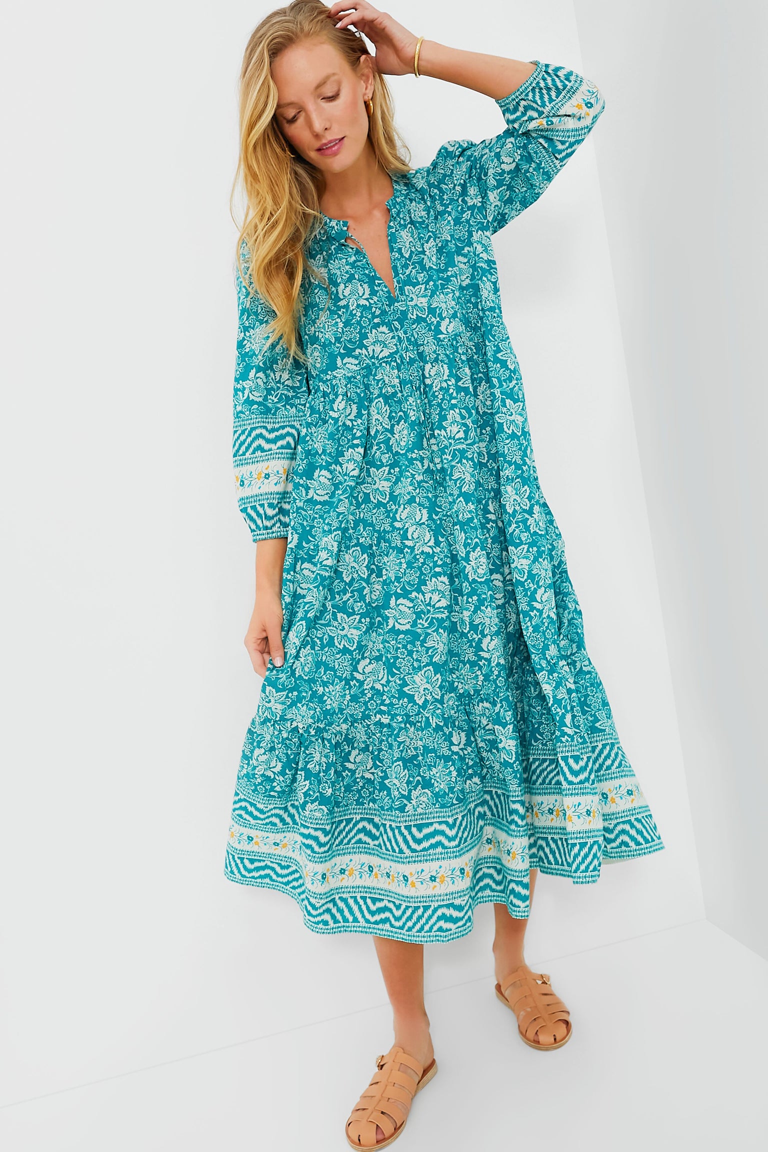 Tuckernuck | Citron and Slate Blue Embroidered Lorena Caftan