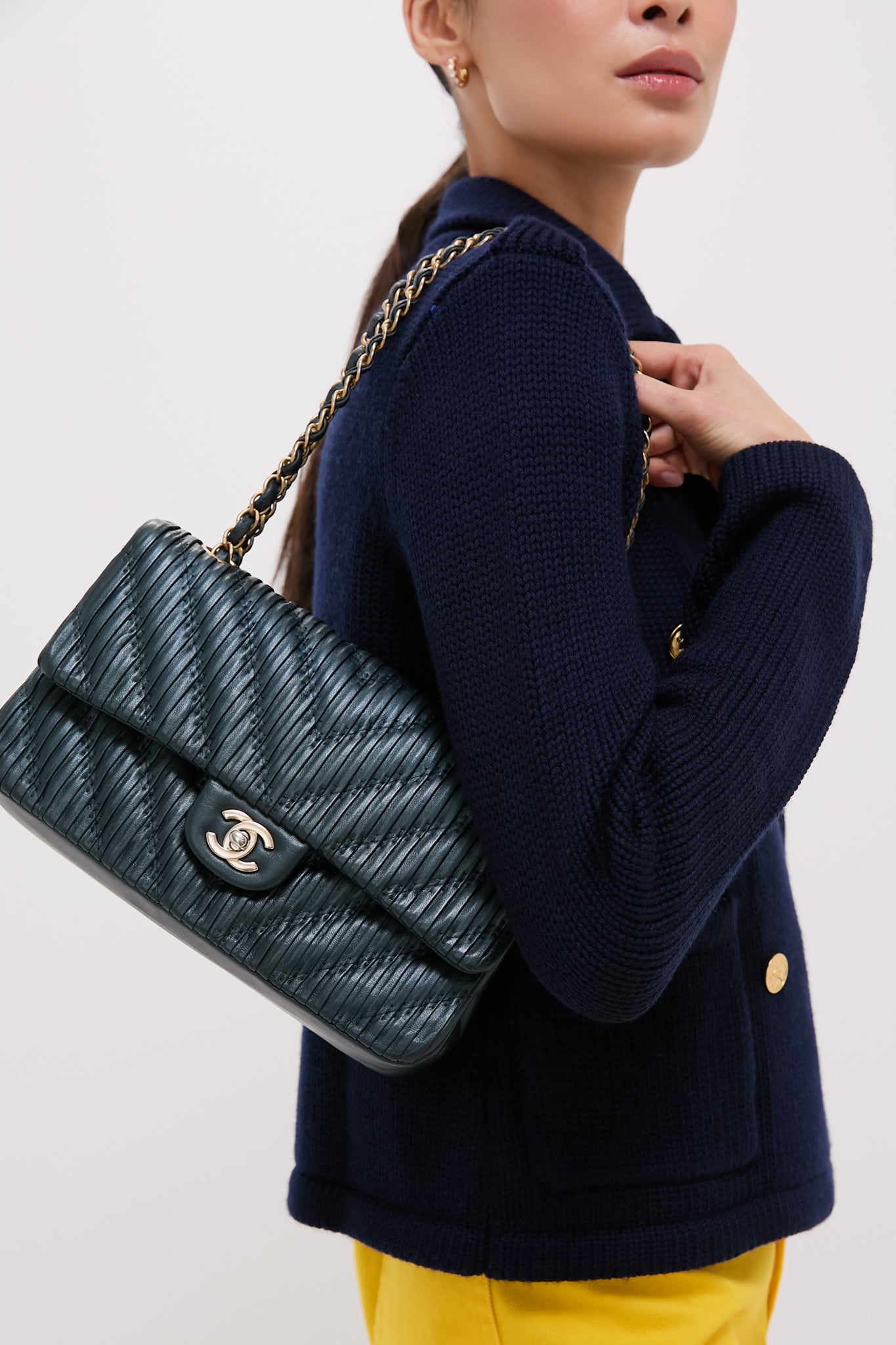 CHANEL Blue Calfskin Coco Pleats Double Flap Bag