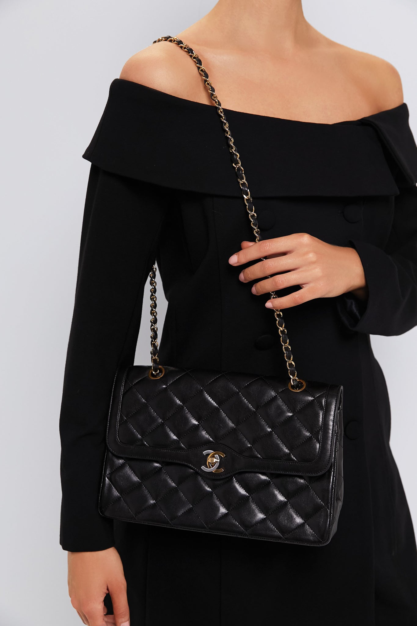CHANEL Black Lambskin Quilted Medium Paris Limited Double Flap Shoulder Bag