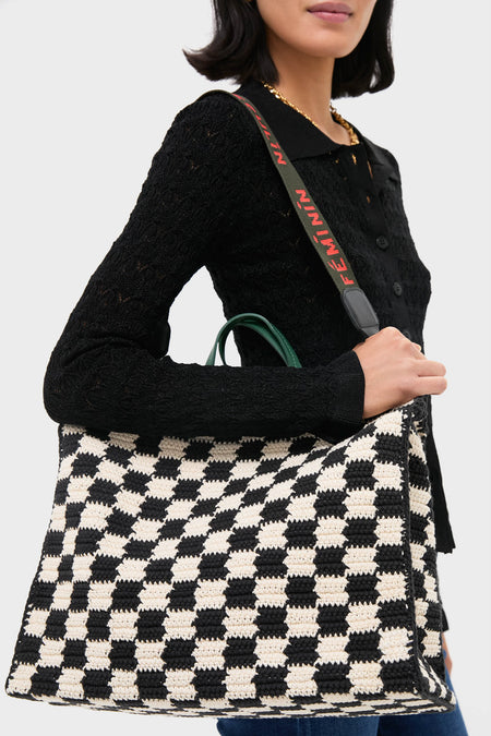 Black and Cream Crochet Checker Summer Simple Tote, a classic and effortless high-end bag with leather handles and a fun, removable shoulder strap, perfect for everyday use.