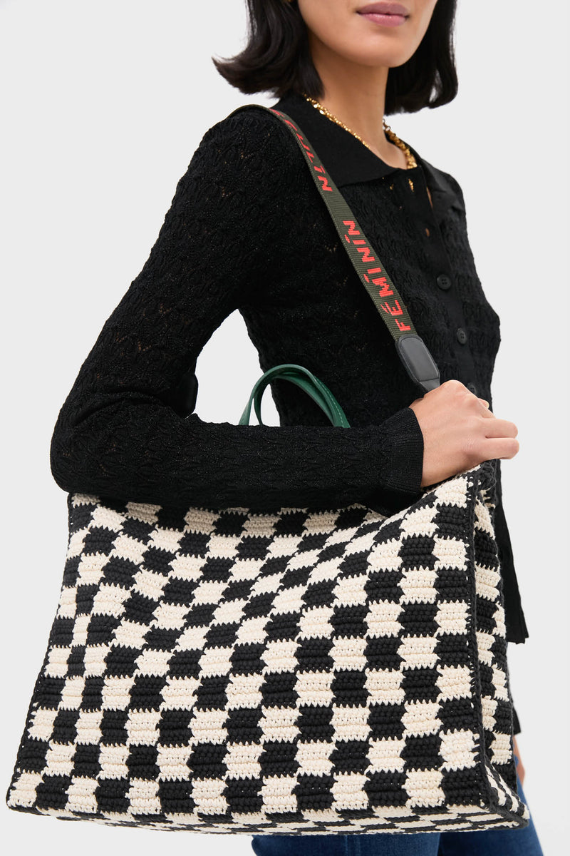 Black and Cream Crochet Checker Summer Simple Tote, a classic and effortless high-end bag with leather handles and a fun, removable shoulder strap, perfect for everyday use.