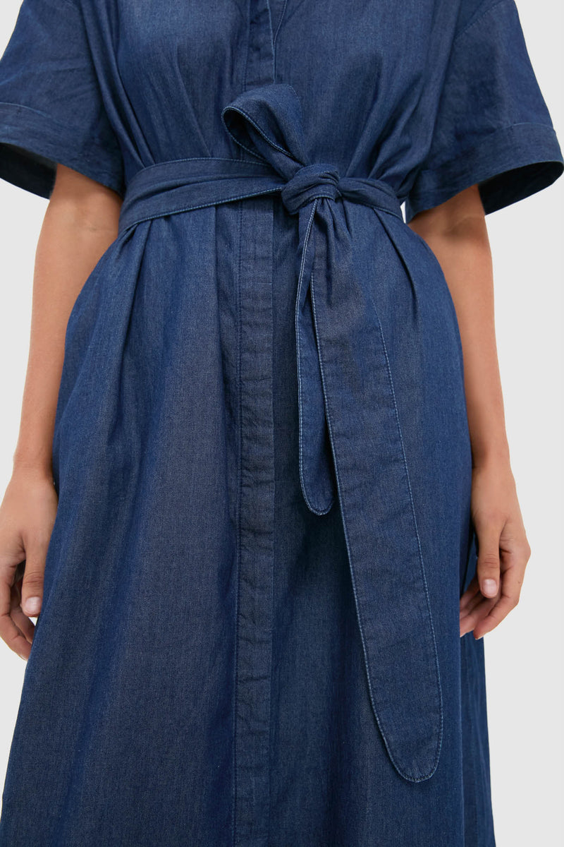 Dark Denim Zacara Dress, featuring an effortless classic design with short sleeves and a self-tie belt, ideal for versatile, fun, high-end styling.