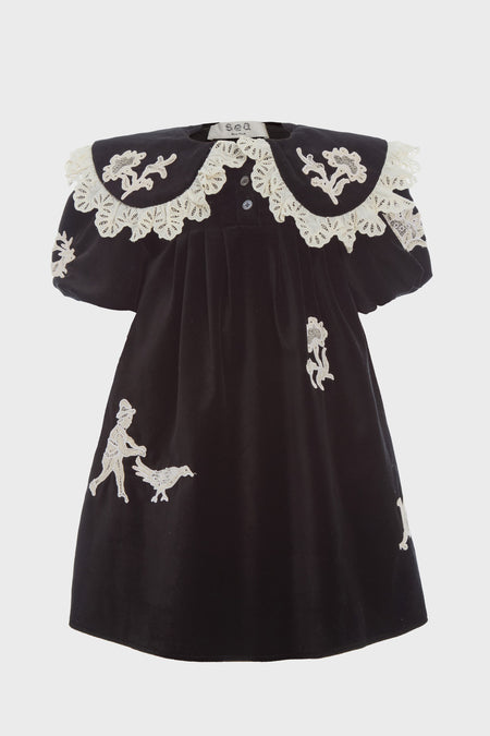 Black Mika Applique Velveteen Dress
