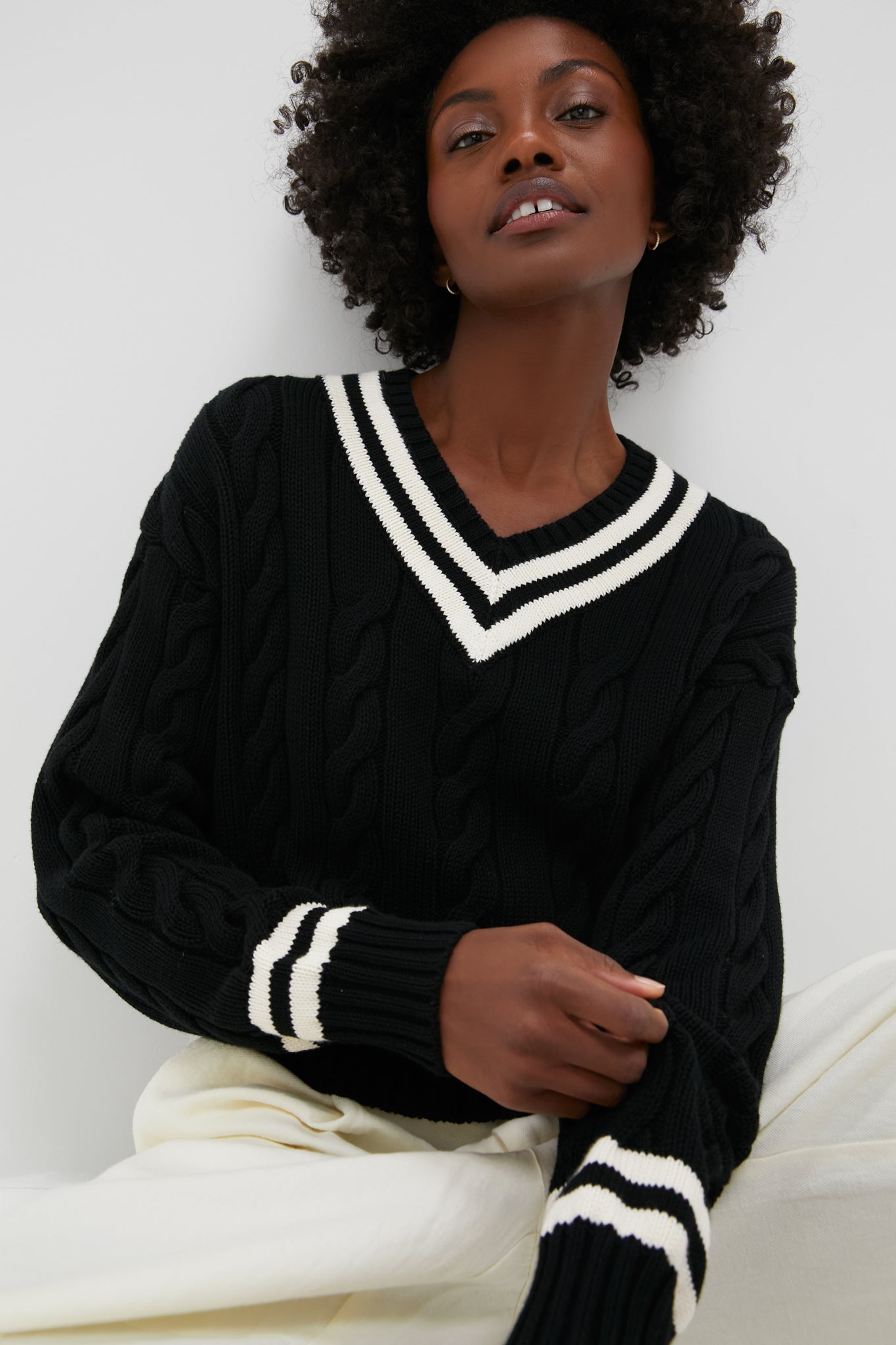 Polo Black and Cricket Cream Cotton Long Sleeve Crew Neck Pullover Sweater