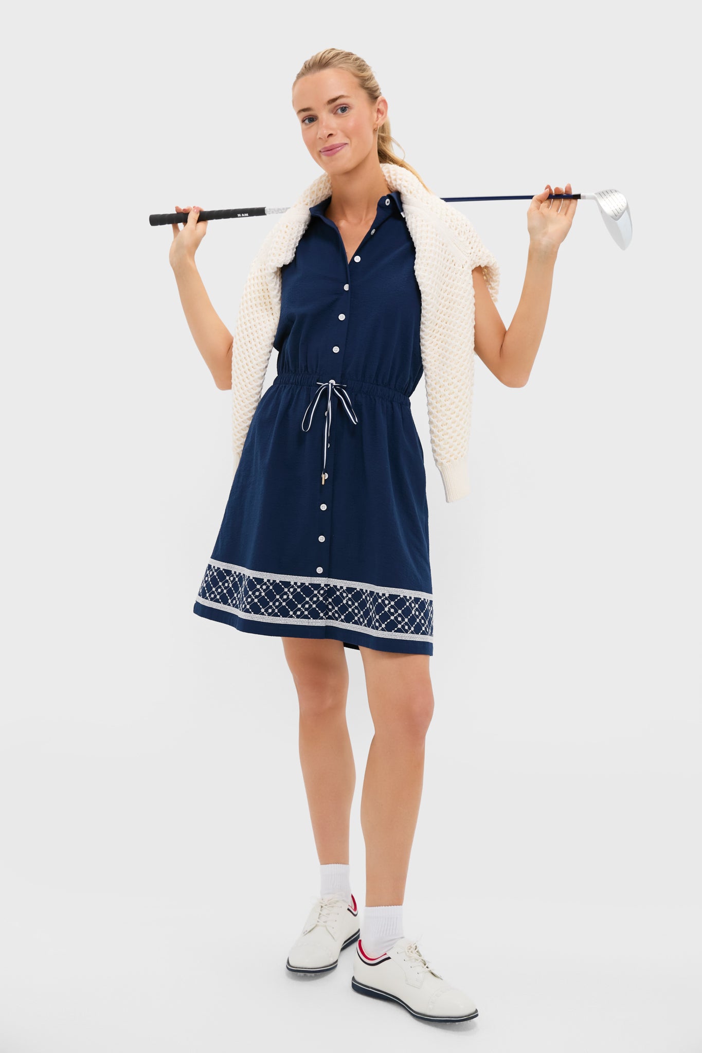 Navy and White Embroidered Sleeveless Performance Seersucker Alcott Golf Dress
