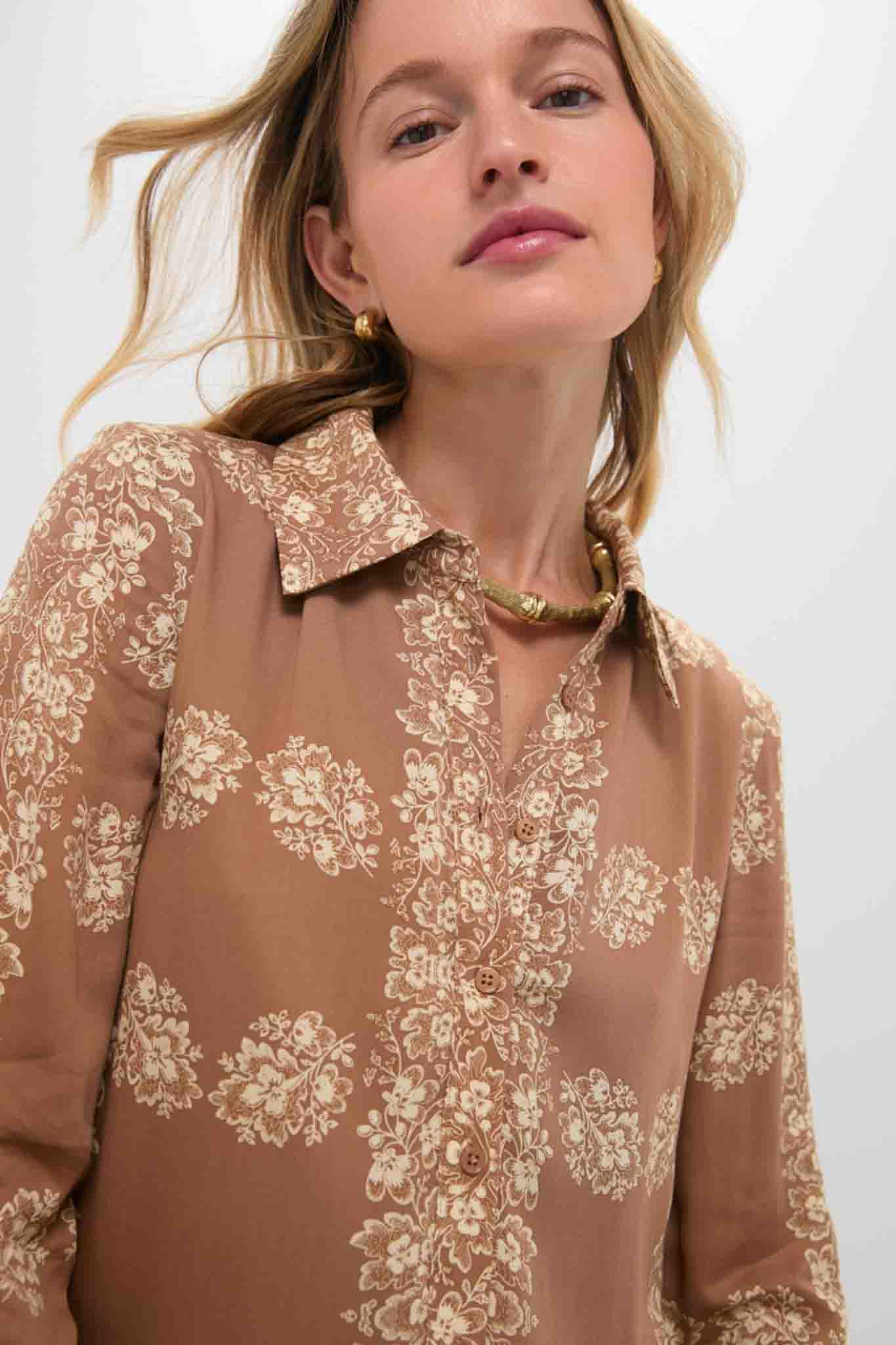 tan shirt dress Tan Floral Miller Maxi Shirt Dress