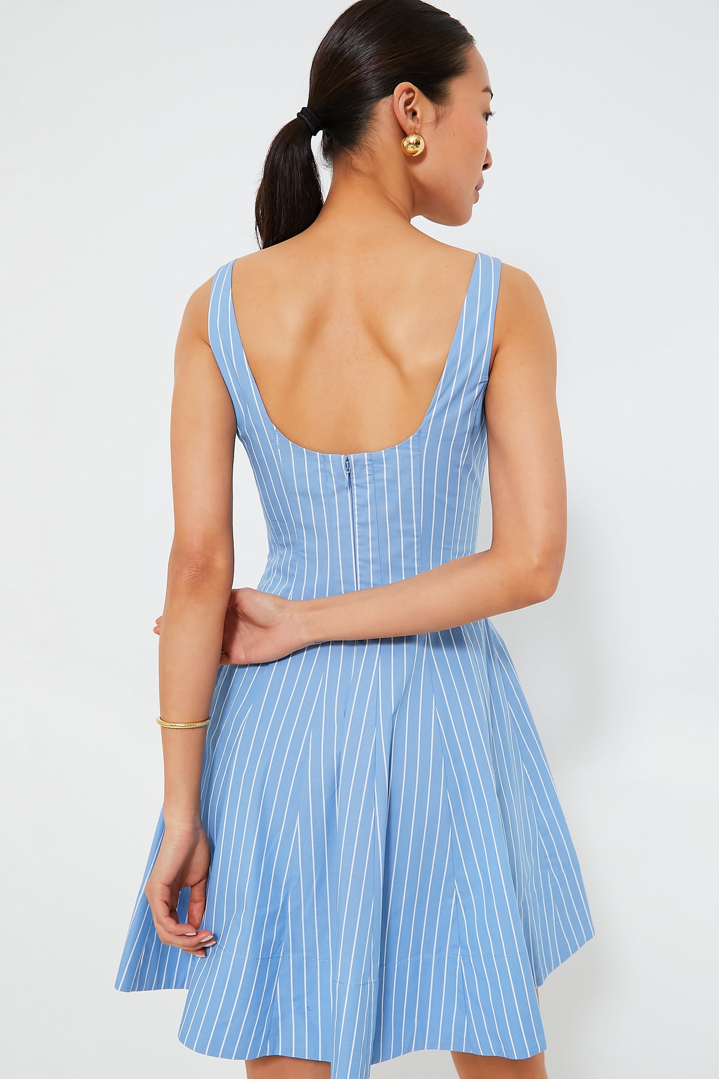 Azure Pinstripe Mini Wells Dress | STAUD