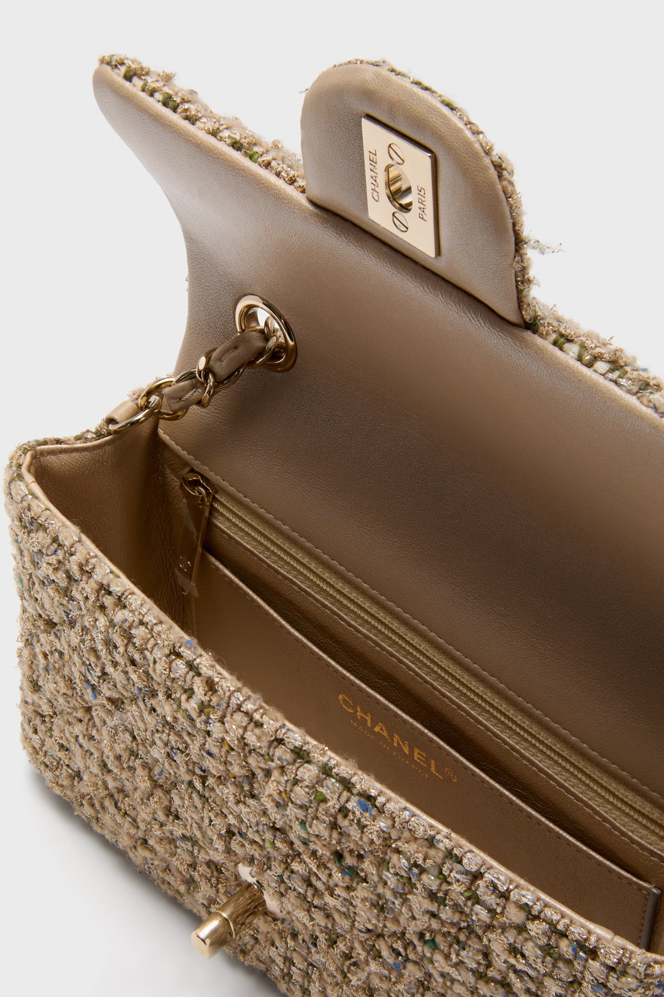 CHANEL Beige Tweed Mini Matelasse Chain Crossbody