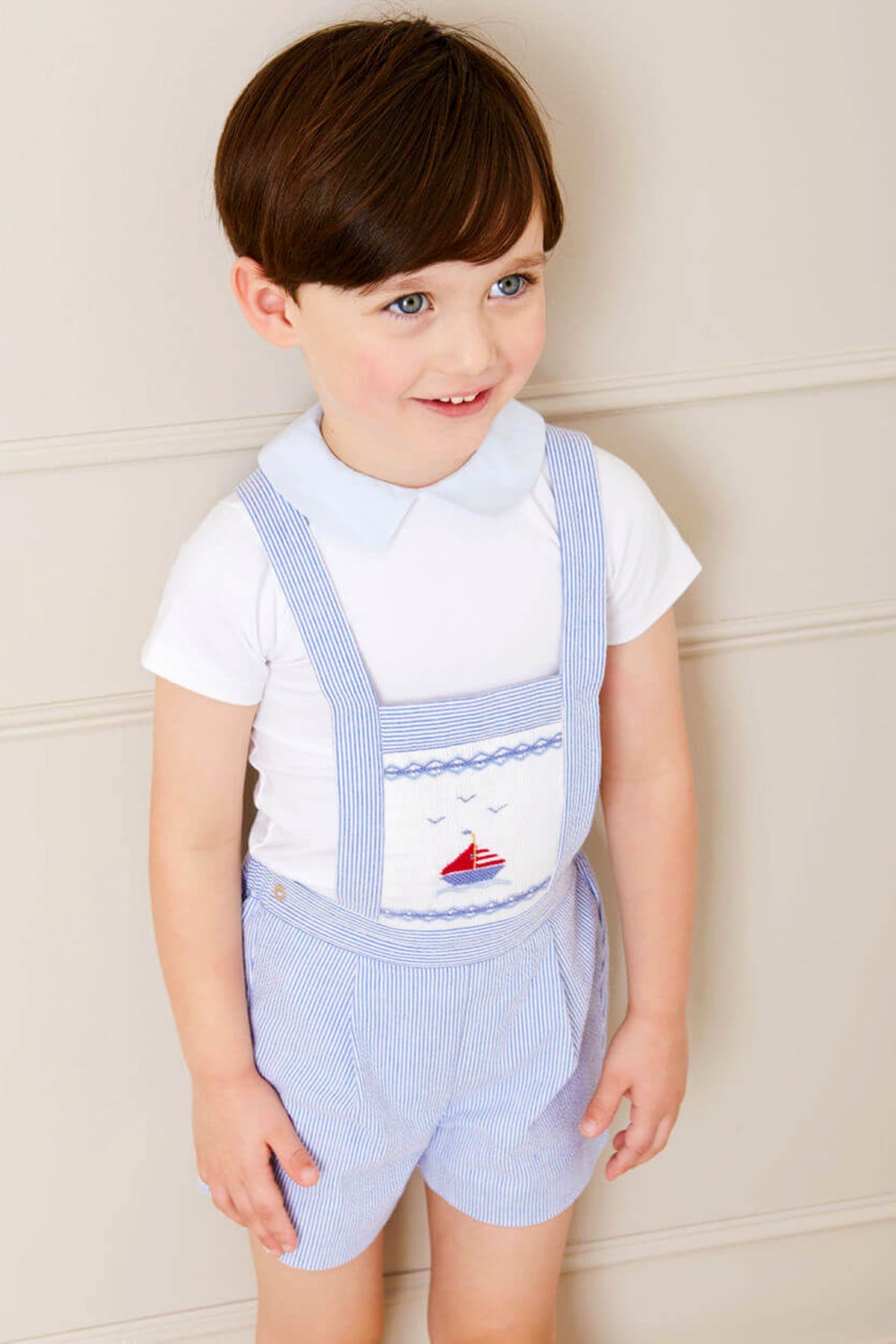 Nautical Striped Boat Embroidery Short Dungarees in Blue