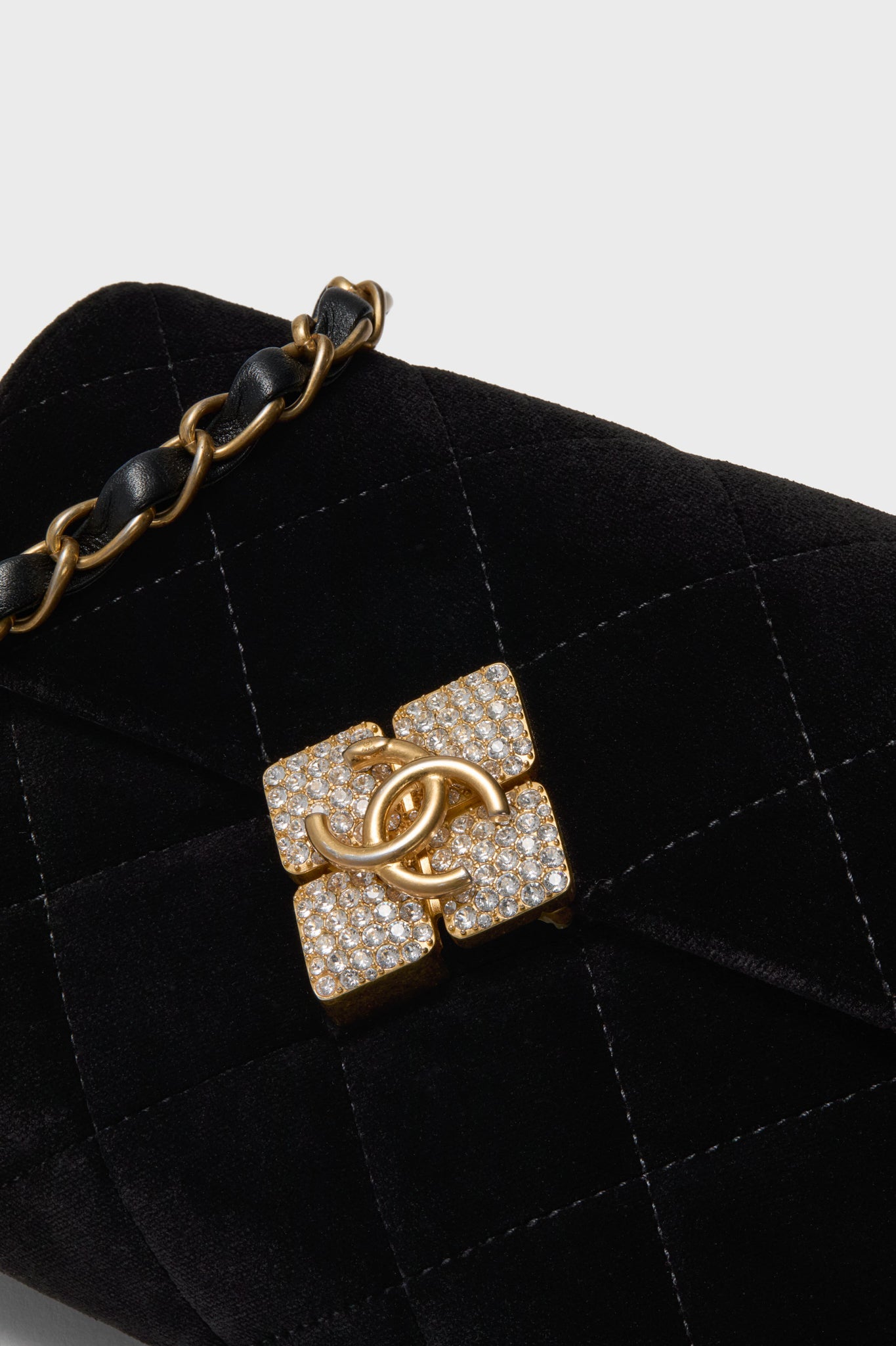 CHANEL Black Quilted Velvet With Crystals Mini Diamond Lock CC Flap Bag