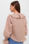 Tan and Pink Plaid V Neck Ruffle Eileen Button Down