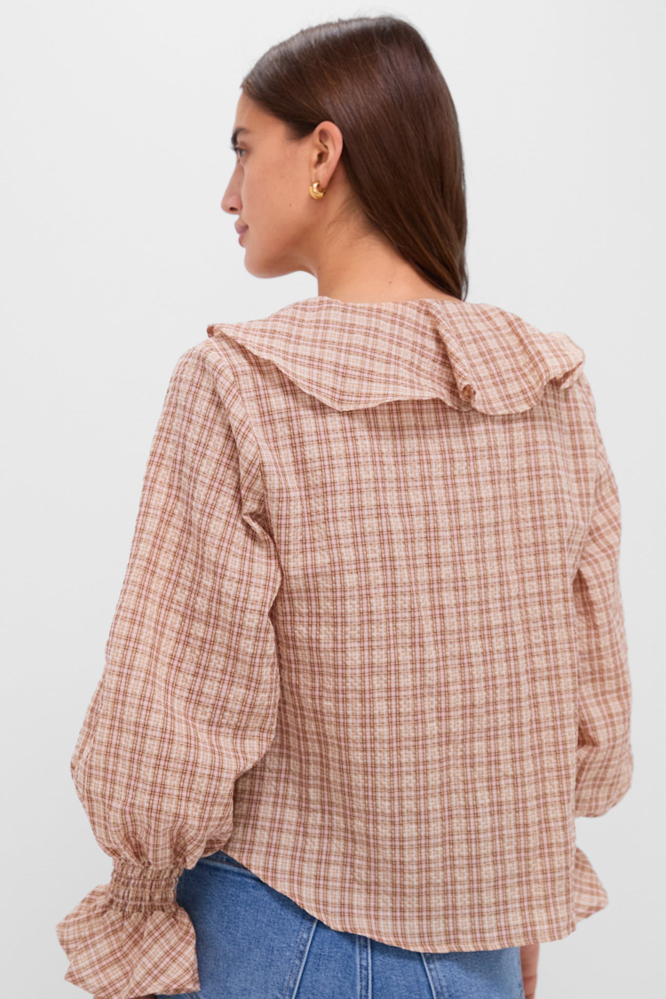 Tan and Pink Plaid V Neck Ruffle Eileen Button Down