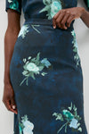 Abstract Rose Navy Fluted Midi Skirt