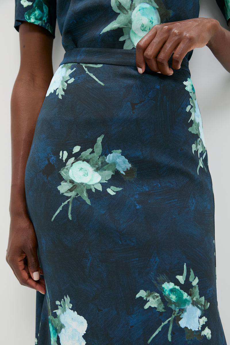 Abstract Rose Navy Fluted Midi Skirt