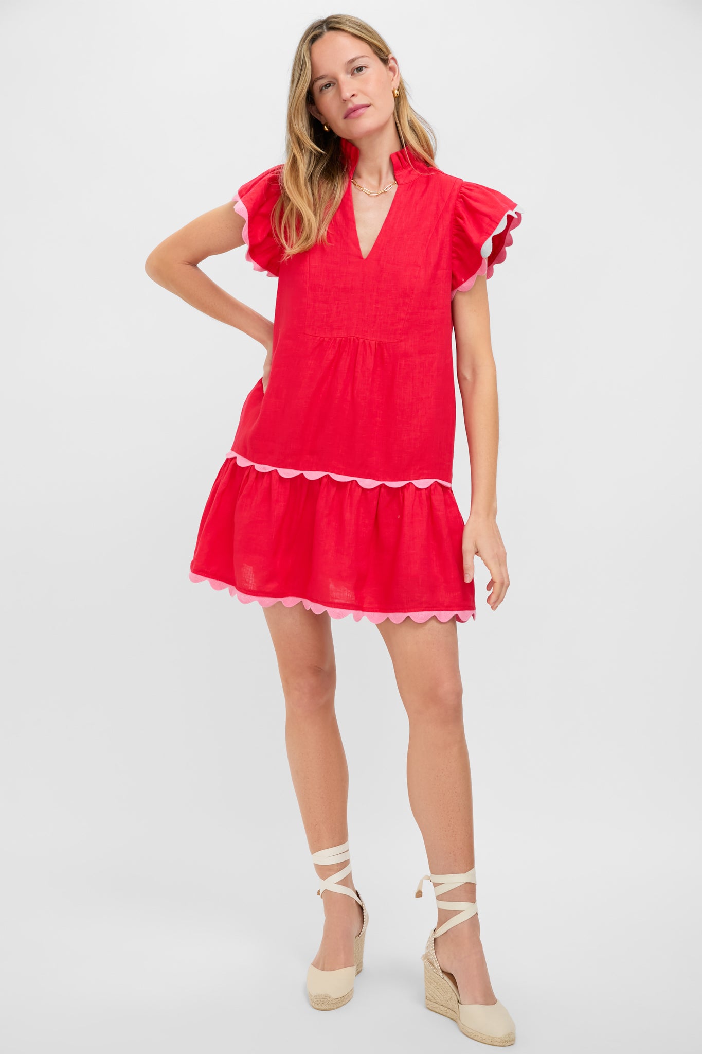 Hibiscus Red Linen Flutter Sleeve Bella Dress