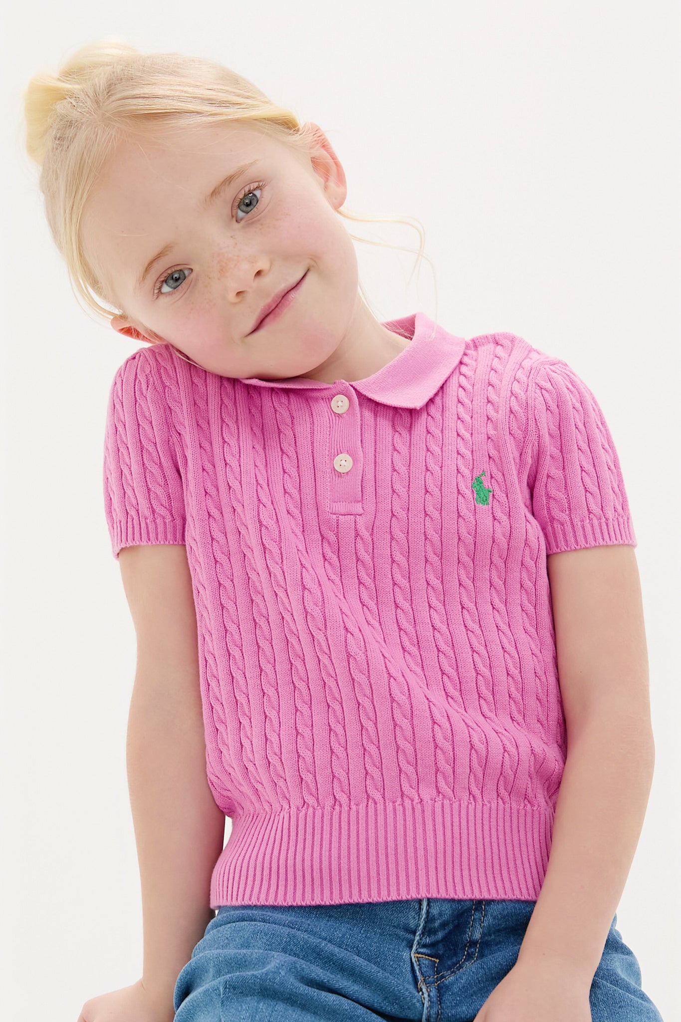 Little Girls Short Sleeved Combed Cotton Mini Cable Knit Polo