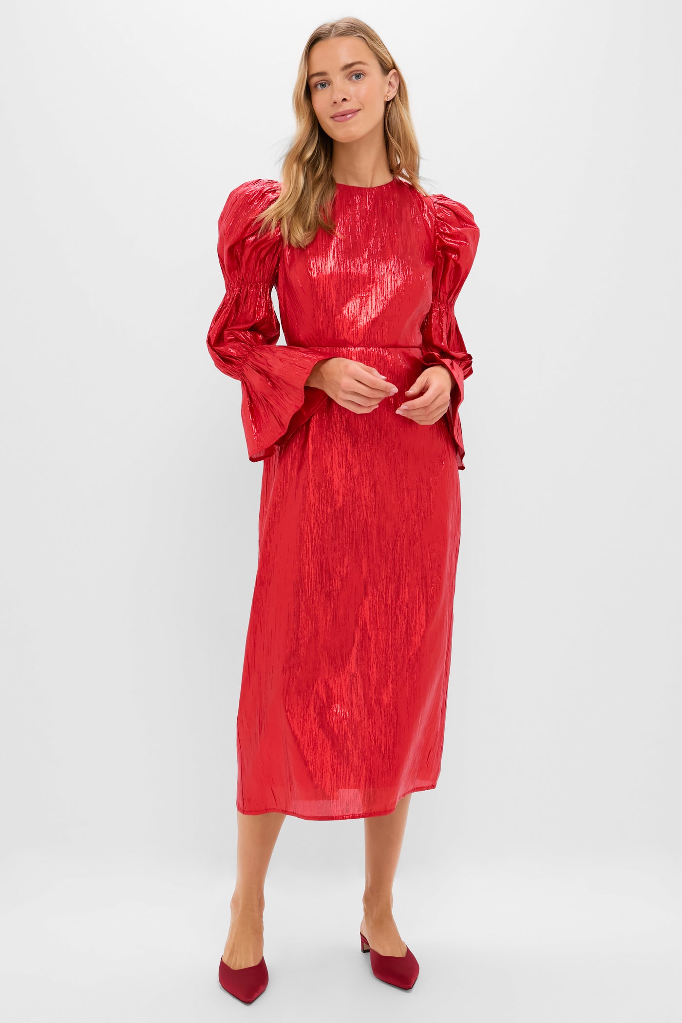 Red Metallic Plisse Puff Sleeve Darcy Midi Dress