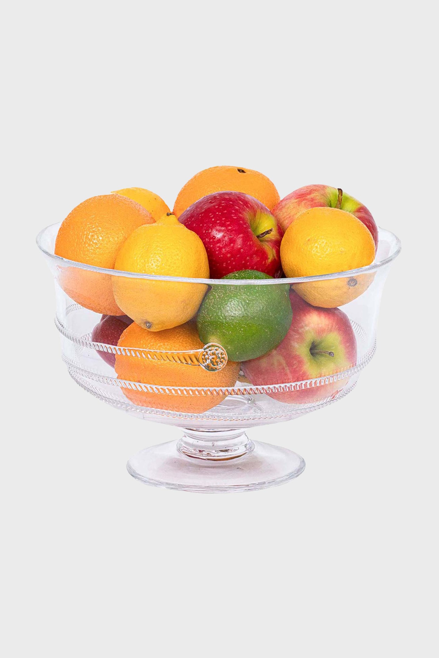 Amalia 10 Footed Bowl showcases a classic, high-end design with assorted fruits, effortlessly blending fun and elegance for a striking centerpiece.