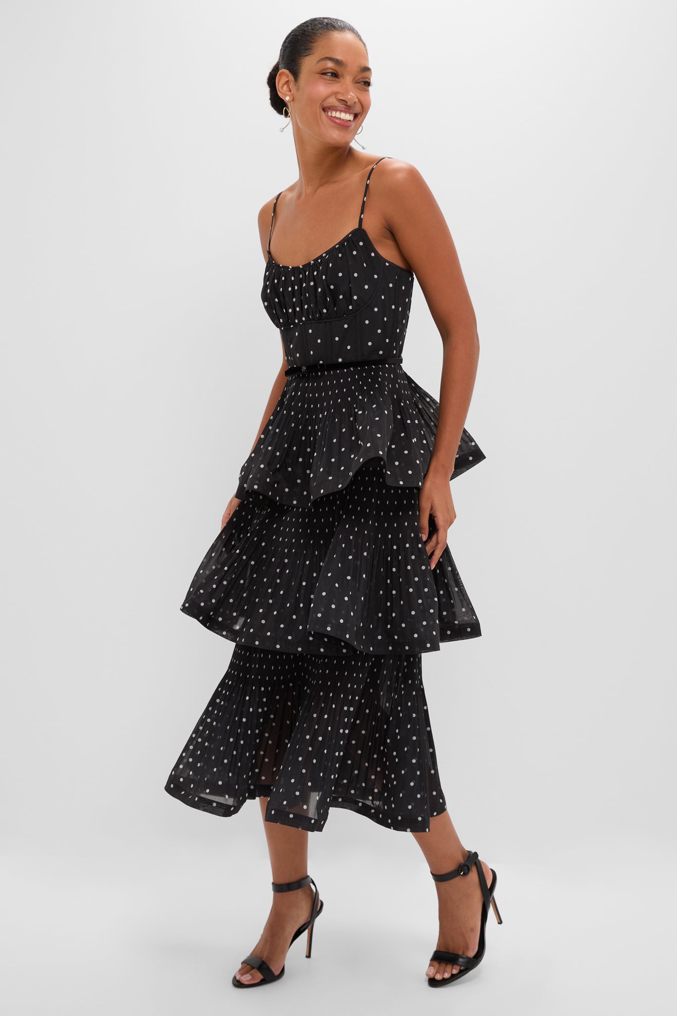 Black and Cream Polka Dot Pleated Tiered Midi Dress | Zimmermann
