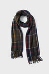 A Barbour dark tartan wrap with red, white, and yellow lines features a fringed hem and is styled in a loose loop.